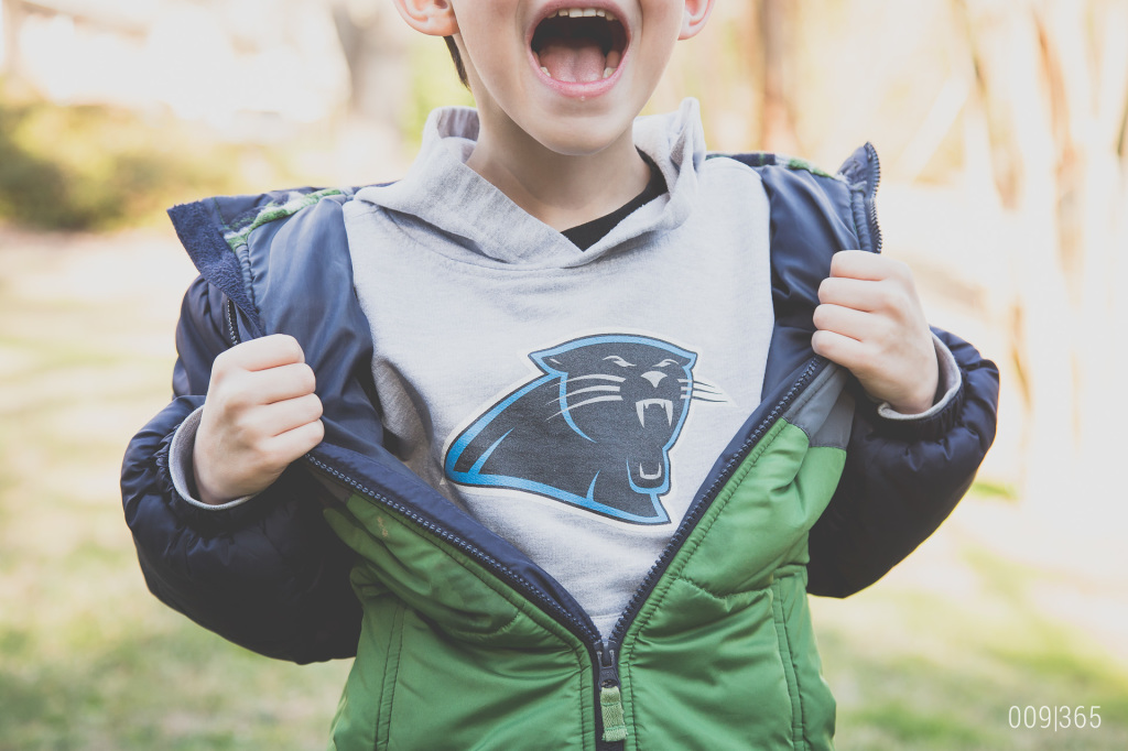channeling a little cam newton and ready to cheer on our carolina panthers after spirit day at school today.  go panthers!
