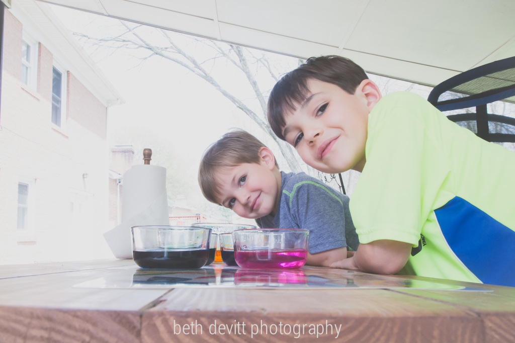 we dyed eggs outside because it was 80 degrees!  